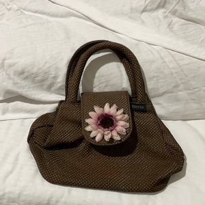 Chester brown synthetic soft straw like material handbag flower on flap over